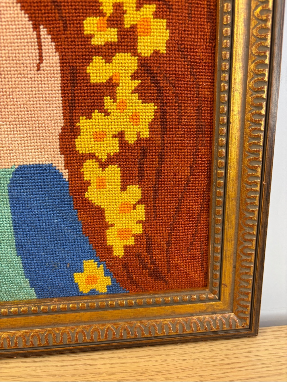 Vintage Handcrafted Needlepoint Redhead Girl Portrait Wall Art 15” x 11” - Picture 4 of 8